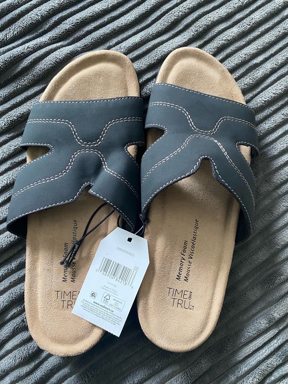 Time and Tru Black Slide Sandals with Tan Footbed and Contrast Stitching